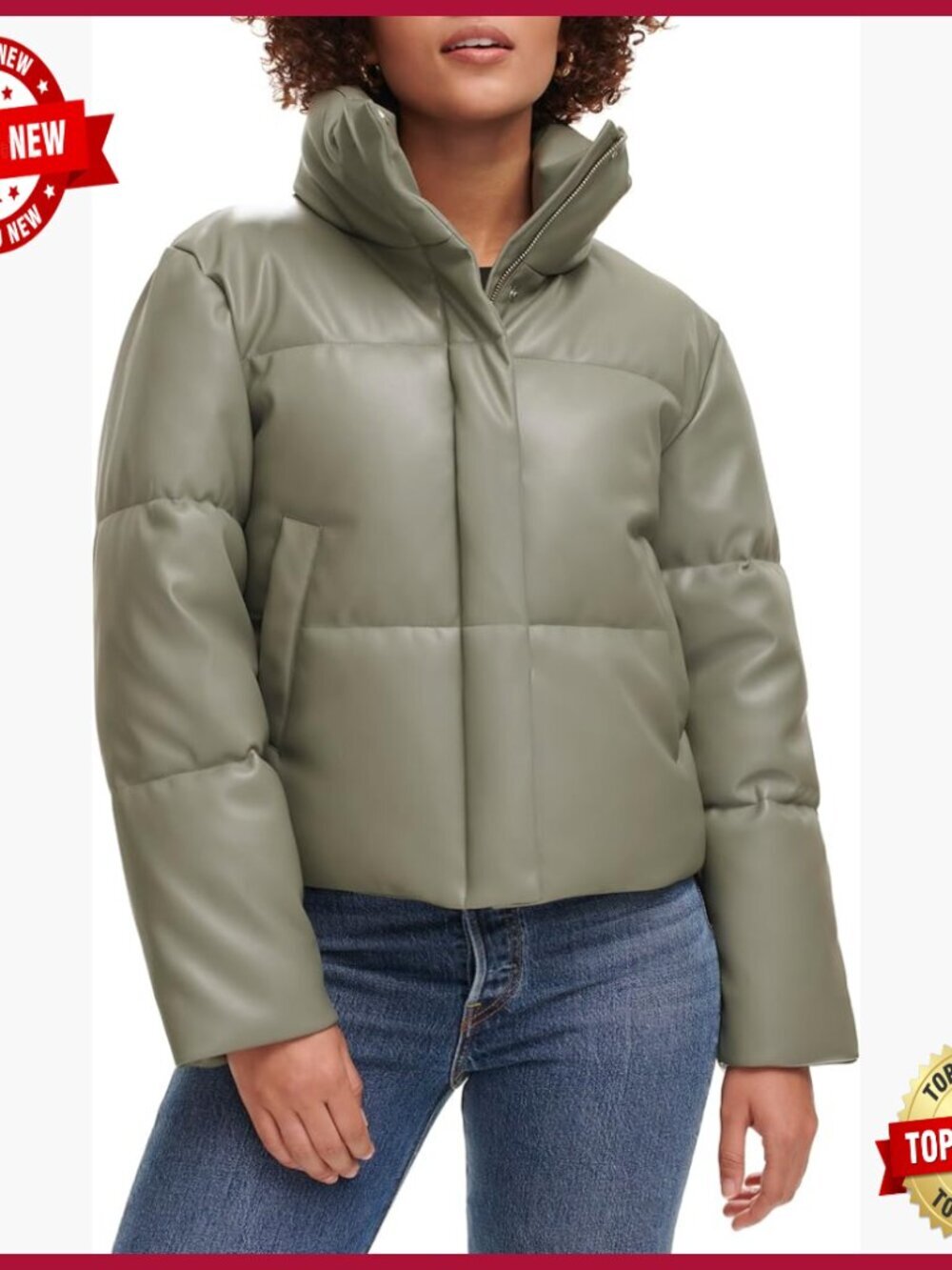 Women's Vegan Leather Quilted Puffer Jacket Water Resistant Cropped